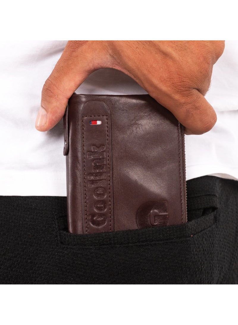 محفظة جولينك للرجال – GL32402 | جلد عنابي فاخر، RFID، سحاب مزدوج