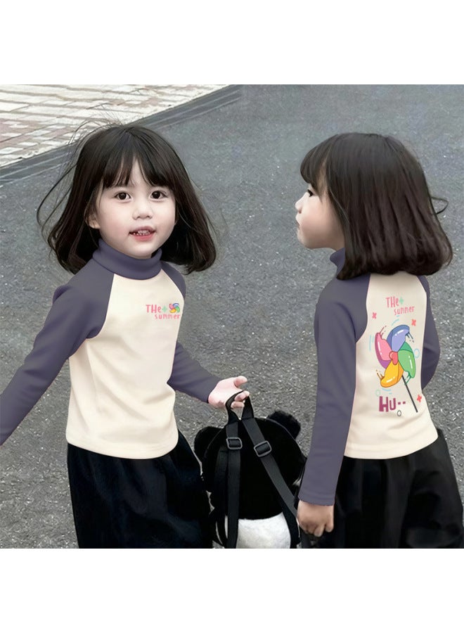 Girls' Thermal Base Layer Top Autumn And Winternew Style For Older Children, Half Turtleneck, Warm Inner Layer, Color-blocking Long Sleeves
