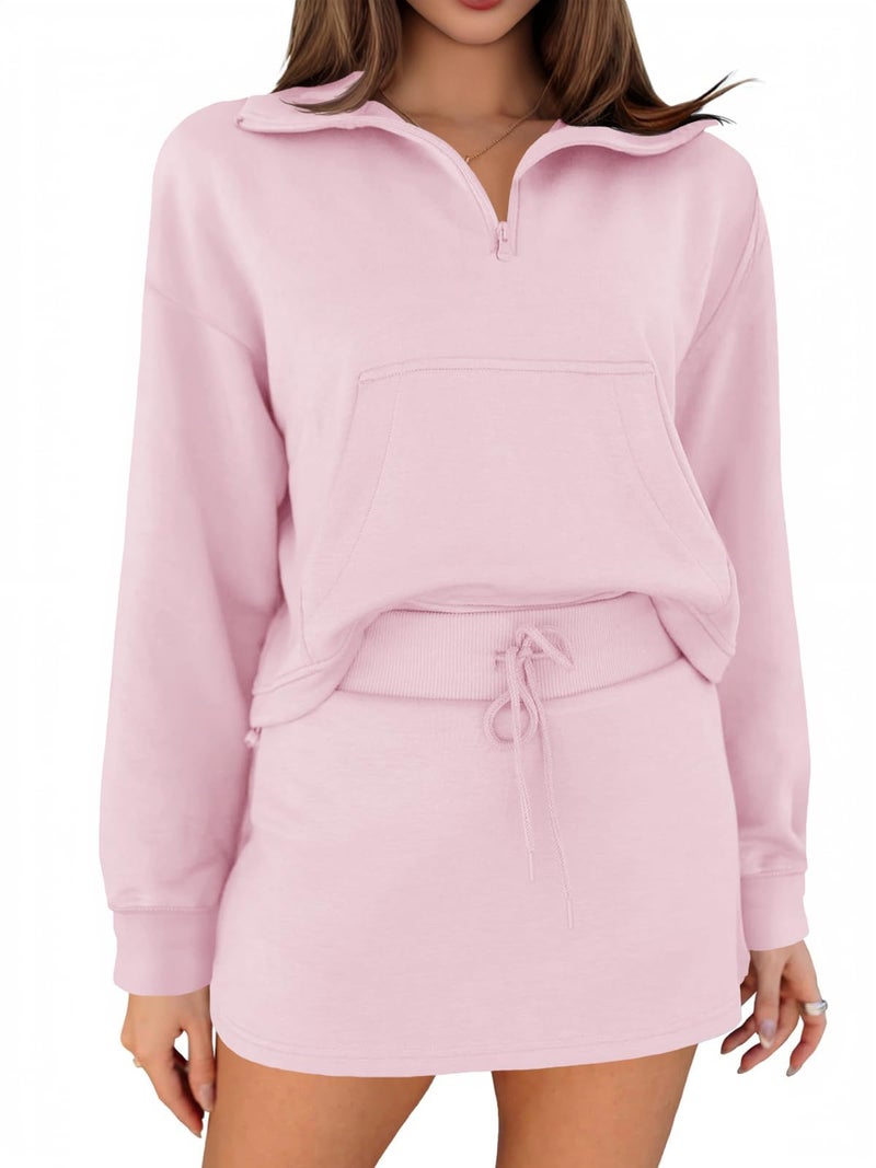 Fisoew Womens Sweatsuits 2 Piece Outfits Quarter Zip Cropped Sweatshirts Casual Mini Skorts Lounge Wear Skirts Sets - Image 1