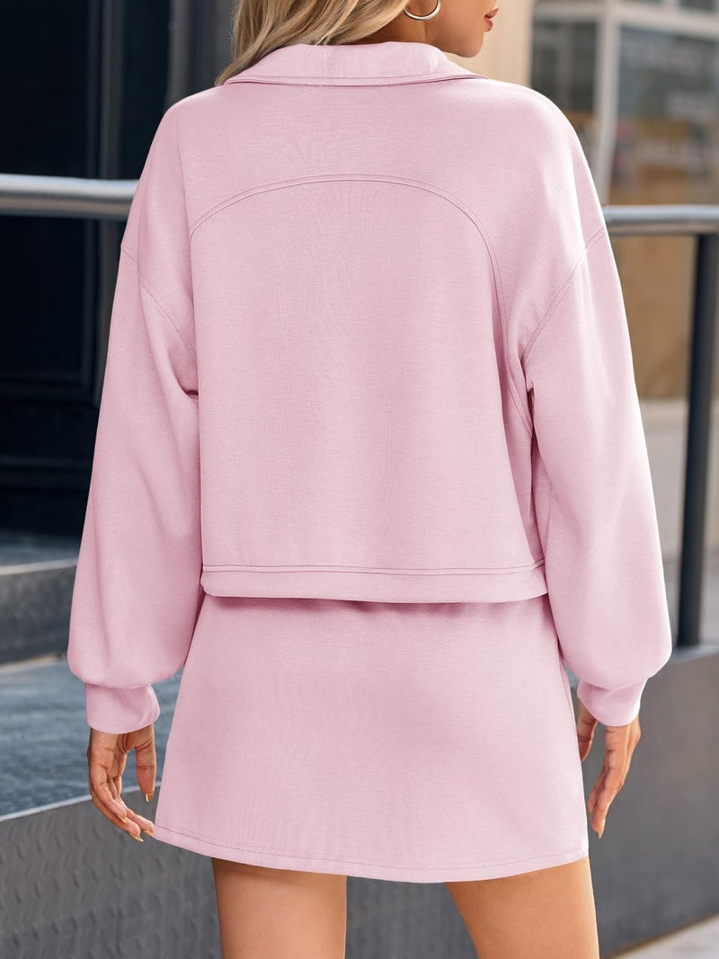 Fisoew Womens Sweatsuits 2 Piece Outfits Quarter Zip Cropped Sweatshirts Casual Mini Skorts Lounge Wear Skirts Sets - Image 4