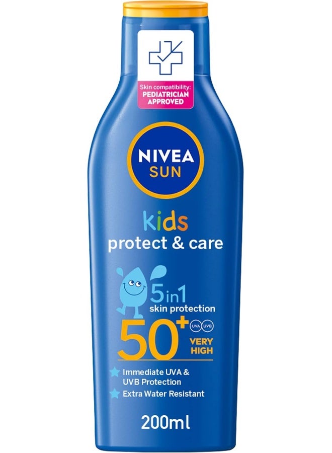 NIVEA SUN Kids Sunscreen Lotion, Protect & Care, SPF 50+, 5in1 Skin Protection, Very High and Immediate UVA & UVB Protection, Extra Water Resistant, 200ml - Image 1