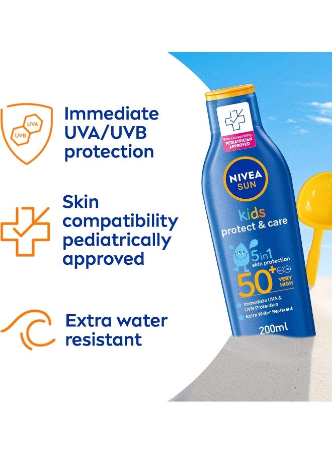 NIVEA SUN Kids Sunscreen Lotion, Protect & Care, SPF 50+, 5in1 Skin Protection, Very High and Immediate UVA & UVB Protection, Extra Water Resistant, 200ml - Image 4