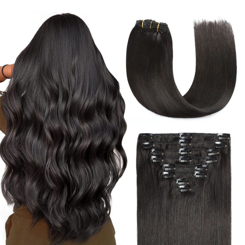 Sunya Real Human Hair Natural Black 1b 14 Inch Double Weft Straight Remy Hair Extensions Clip in Human Hair 1B Color 8Pcs 110g