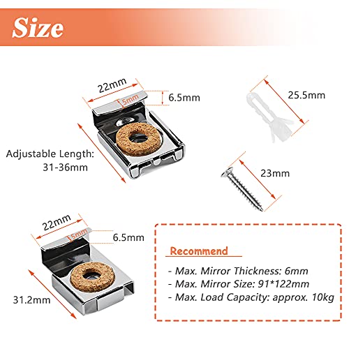 Mesee 4 Sets(16 Pcs) Spring Loaded Mirror Hanger Clip Set, Unframed Glass Mirrors Mount Bracket with Rawl Plugs and Screws, Wall Support Clips Fixing Kit for Mirror/ Photo /Picture/ Frame - Image 3