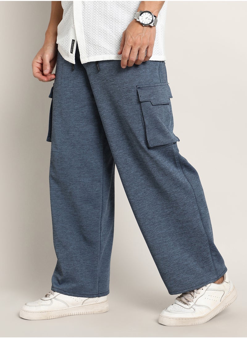 Campus Sutra Men's Prussian Blue Heathered-Relaxed Cargo Trousers  - Image 3