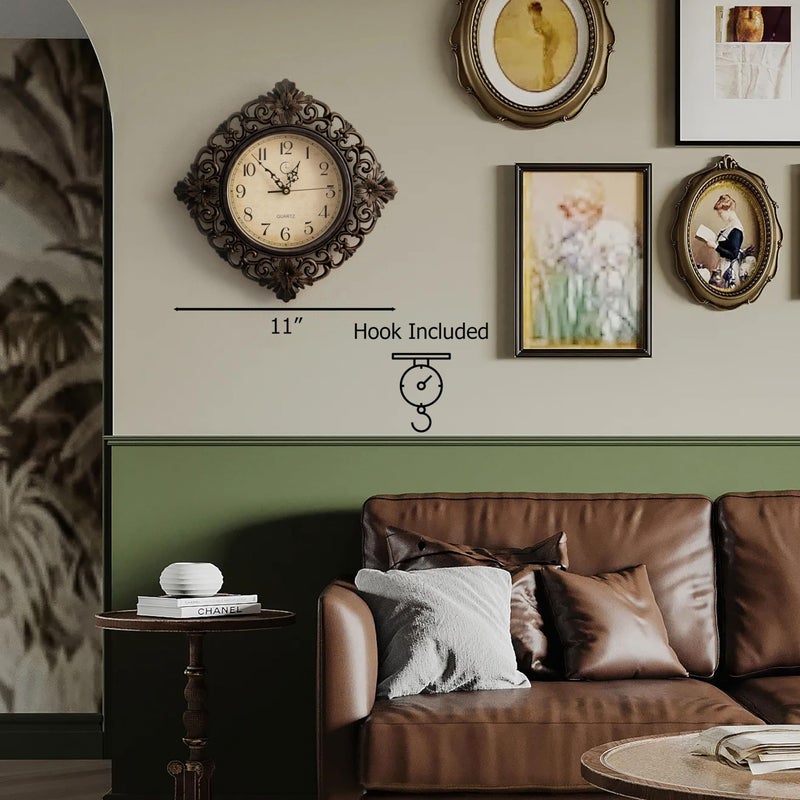 Clockswise 11" Classic Round Decorative Hanging Wall Clock with Ornate Floral Scroll Frame in Vintage Distressed Finish for Home Entryway Living Room Bedroom Kitchen Office Hotel & Restaurant, Brown - Image 2