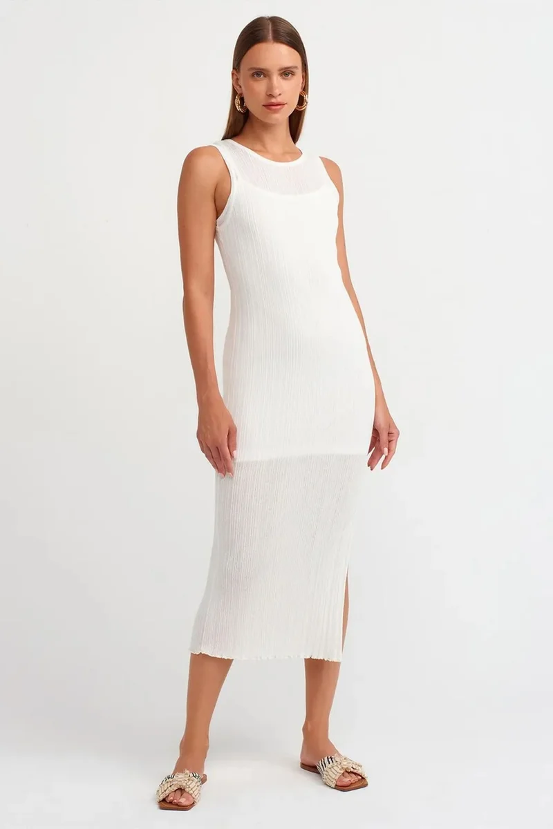 Dilvin White DILVIN Ribbed Sleeveless Bodycon Midi Dress for Women | Best Price UAE