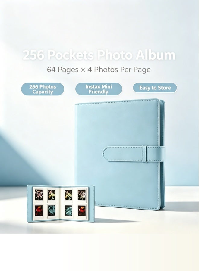 ألبومات الصور الجلد عالية الجودة للكاميرا الصغيرة Fujifilm Instax ، Polaroid 2x3 "صور الزنك ، ألبوم الصور الجلدية ذات القدرة الكبيرة مع 256 جيب ، مقاوم للماء DIY Photocard Holder Book لصور العائلة ، تخزين صور الزفاف والحفاظ على الذاكرة (أزرق) - Image 1