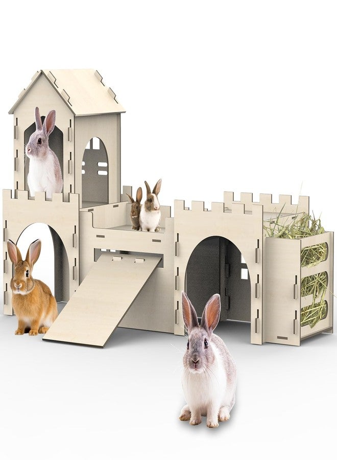 TankMatDecor Large Bunny House and Hideouts, Wooden Dual-Layer Rabbit Castle with Stair, Rubber Band-Free Setup - chew-Proof, Sturdy Habitat for Guinea Pig Chinchilla Ferret (Rabbit House with Hay Feeder) - Image 1