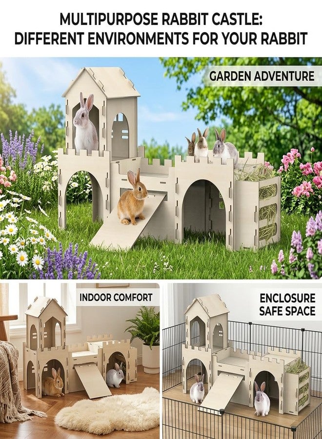 TankMatDecor Large Bunny House and Hideouts, Wooden Dual-Layer Rabbit Castle with Stair, Rubber Band-Free Setup - chew-Proof, Sturdy Habitat for Guinea Pig Chinchilla Ferret (Rabbit House with Hay Feeder) - Image 2