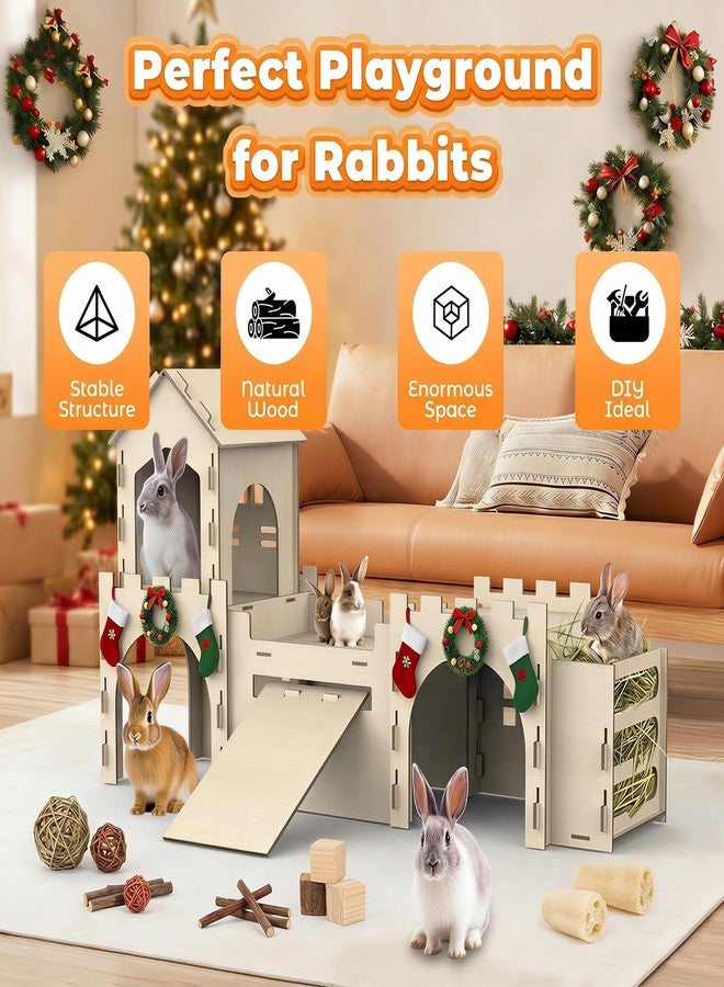 TankMatDecor Large Bunny House and Hideouts, Wooden Dual-Layer Rabbit Castle with Stair, Rubber Band-Free Setup - chew-Proof, Sturdy Habitat for Guinea Pig Chinchilla Ferret (Rabbit House with Hay Feeder) - Image 4