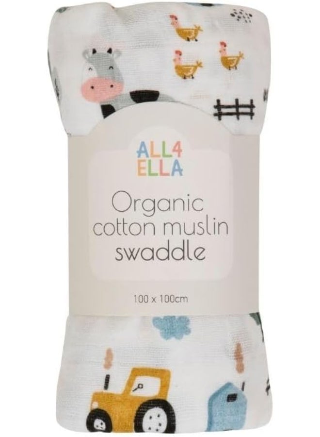 All4Ella Organic Cotton Muslin Swaddle - Barnyard - Image 1