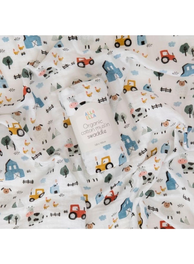 All4Ella Organic Cotton Muslin Swaddle - Barnyard - Image 2