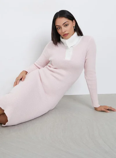 Styli Styli Light Pink Ribbed Knit Sweater Midi Dress