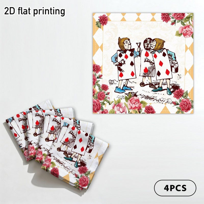 Vintage Style 2D Flat Napkins 4 Pack 17.7x17.7 Inch Whimsical Card Characters Tea Party Dining Decor - Image 1