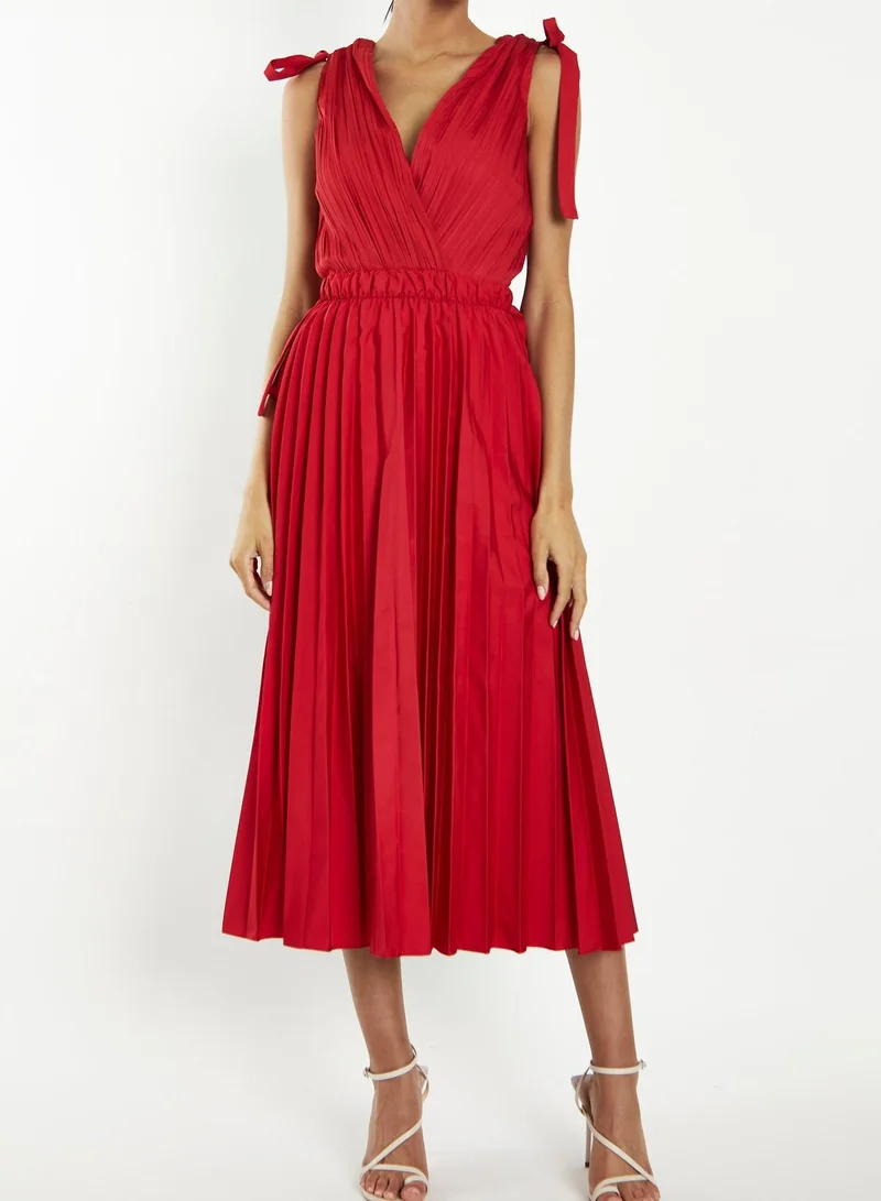 Gwyneth Cherry Red Pleated V-Neck Midi-Dress