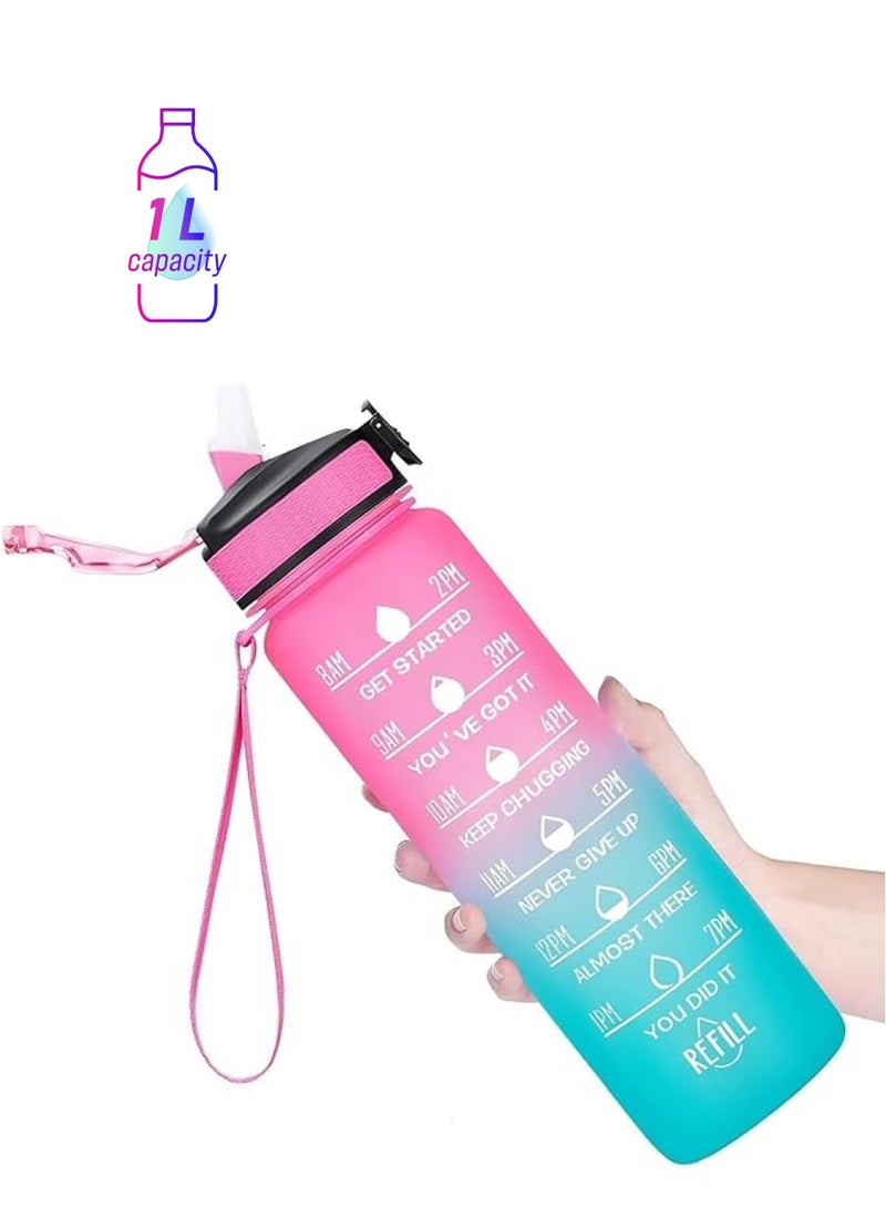 SKY-TOUCH 1L Sports Water Bottle : Motivational Water Bottle With Time Marker And Straw Leakproof Water Bottles For Fitness Gym And Outdoor Sports Blue And Pink 1Pcs - Image 1