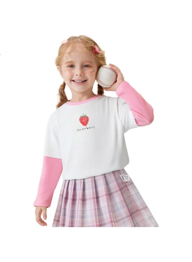 Mqdmini Children'S Clothing, Girls' Long-Sleeve T-Shirt, Faux Two-Piece Solid Color T-Shirt, Base Layer Top, Clothes, Pink Strawberry - Image 1