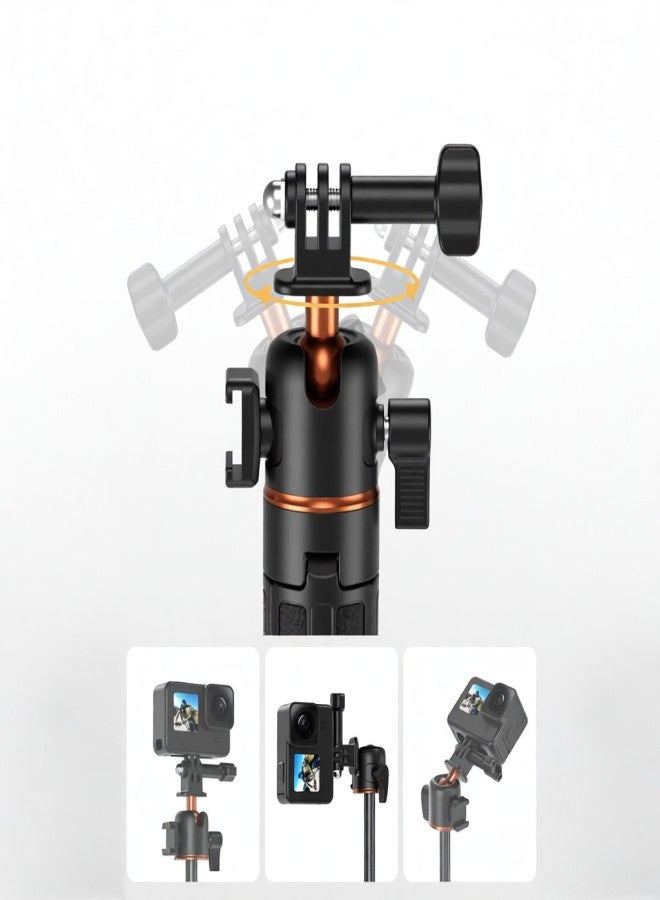 في ار اي جي حامل ثلاثي القوائم مُطوّر لكاميرات السيلفي الرياضية VRIG TP-08S، مصنوع من سبائك الألومنيوم، ارتفاعه الأقصى 55 سم/21.7 بوصة، مزود بقاعدة تثبيت للأحذية الباردة ورأس كروي قابل للدوران 360 درجة، بديل لكاميرات GoPro 13/12/11/10 - Image 4