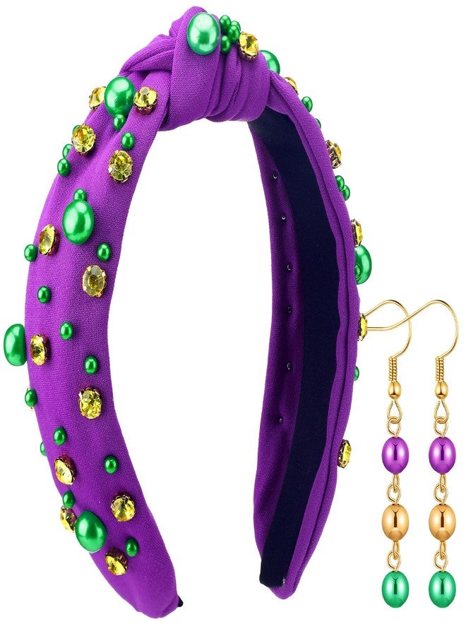 Hoolerry 2 Pieces Mardi Gras Hairband for Women with Earrings Green Yellow Rhinestone Pearl Purple Knotted Headband Woman Head Accessories for Carnival Holiday Decor Woman Gift - Image 1
