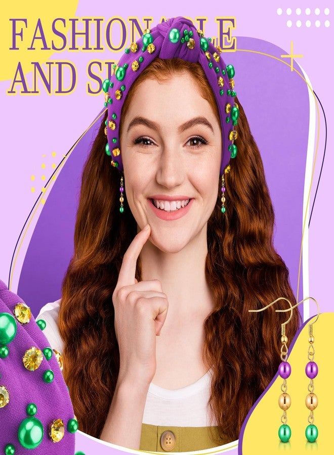 Hoolerry 2 Pieces Mardi Gras Hairband for Women with Earrings Green Yellow Rhinestone Pearl Purple Knotted Headband Woman Head Accessories for Carnival Holiday Decor Woman Gift - Image 3