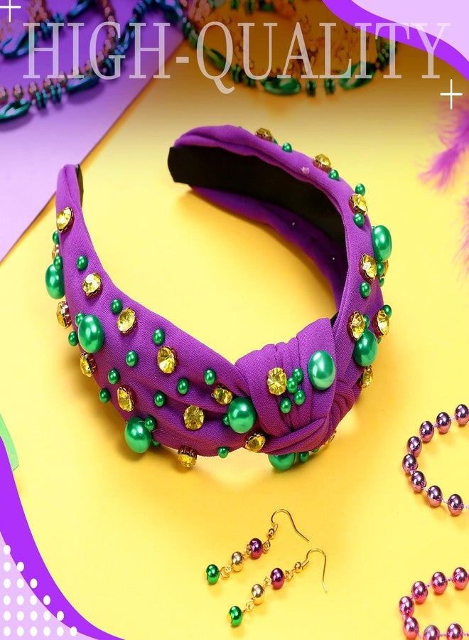 Hoolerry 2 Pieces Mardi Gras Hairband for Women with Earrings Green Yellow Rhinestone Pearl Purple Knotted Headband Woman Head Accessories for Carnival Holiday Decor Woman Gift - Image 4