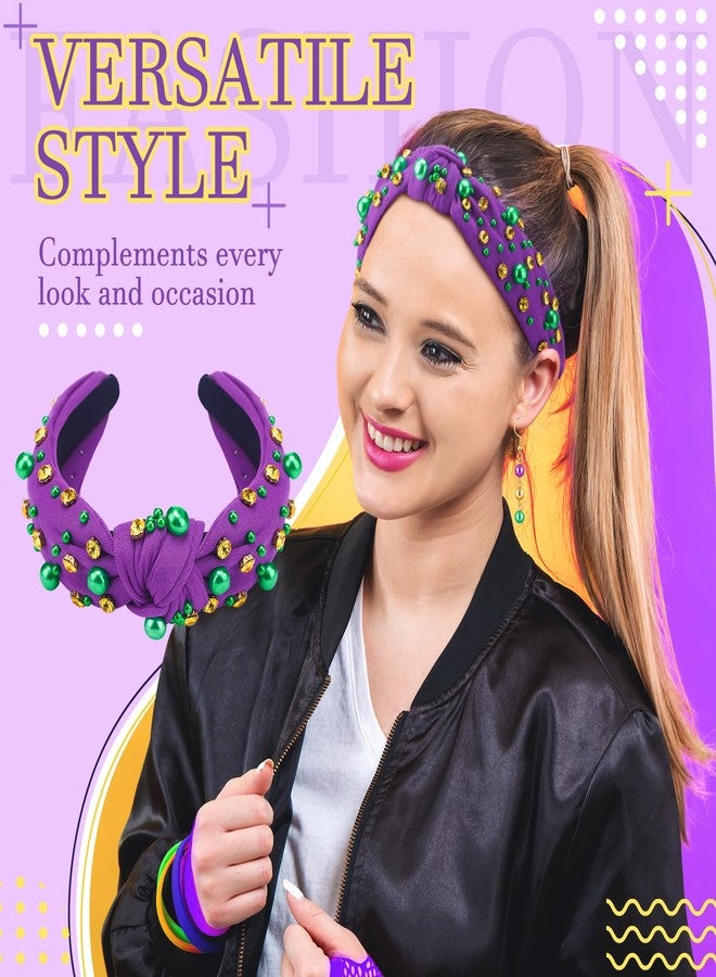 Hoolerry 2 Pieces Mardi Gras Hairband for Women with Earrings Green Yellow Rhinestone Pearl Purple Knotted Headband Woman Head Accessories for Carnival Holiday Decor Woman Gift - Image 2