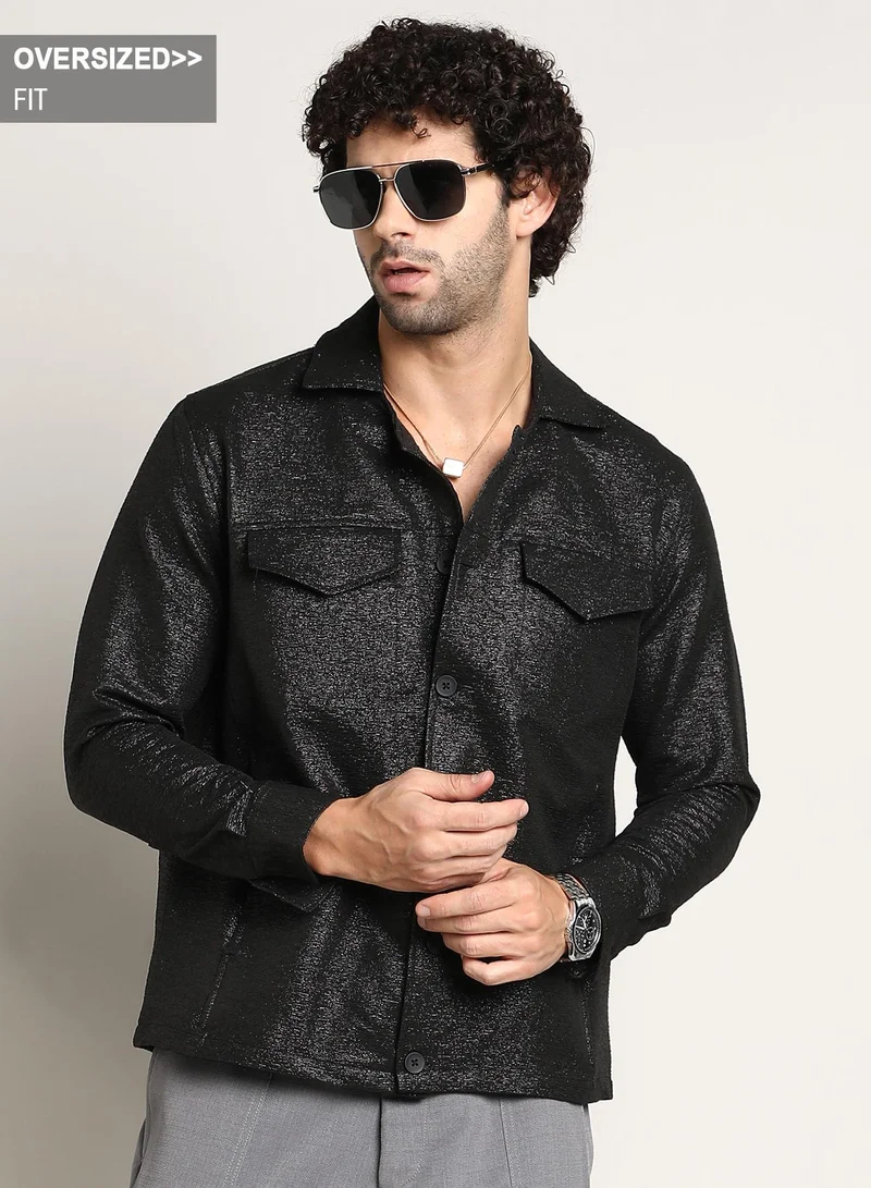 Campus Sutra Campus Sutra Men's Onyx Black Metallic Utility Shacket For Casual Wear | Spread Collar | Long Cuffed Sleeves | Button Closure | Overshirt/Shacket Crafted With Comfort Fit For Everyday Wear