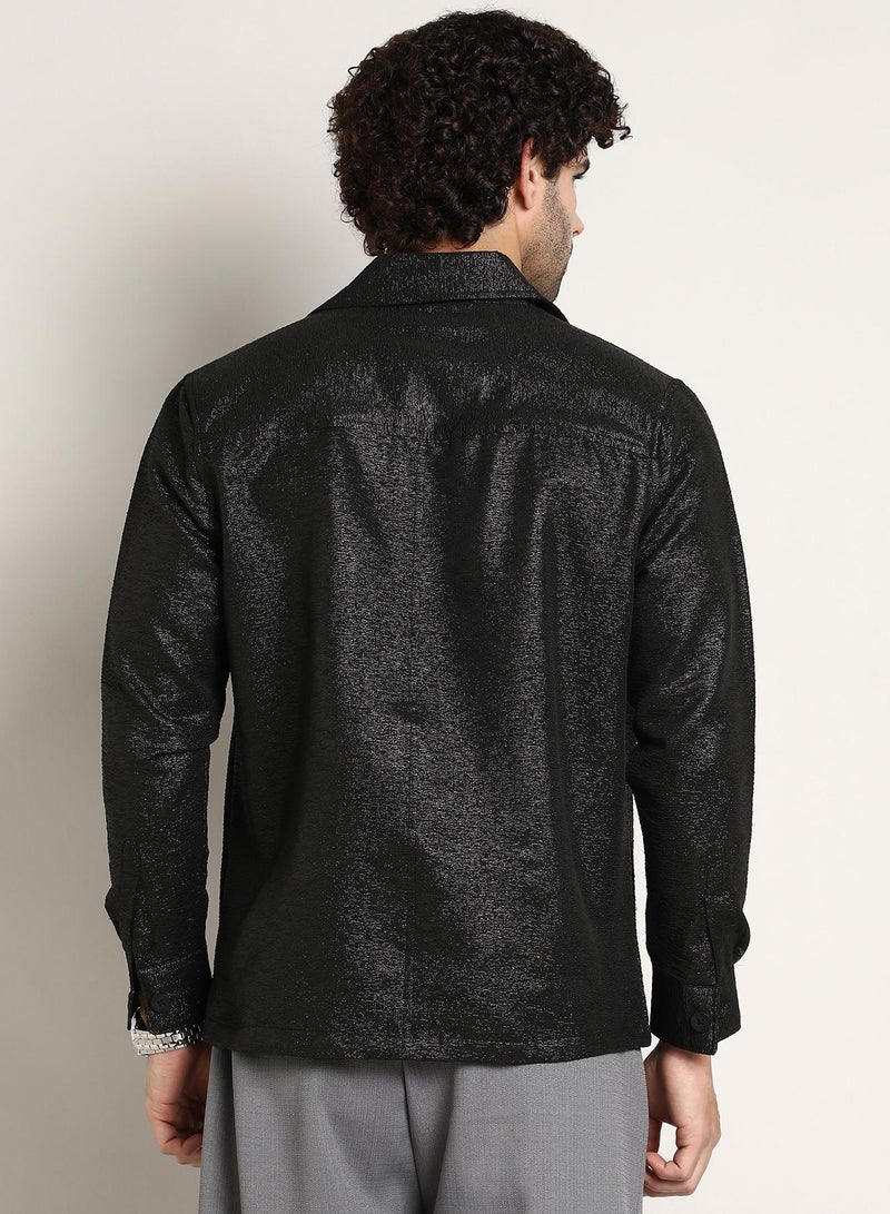 Campus Sutra Men's Onyx Black Metallic Utility Shacket  - Image 5