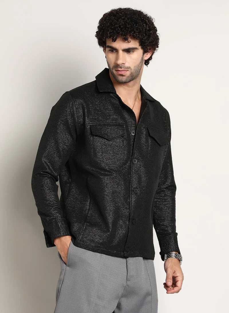 Campus Sutra Men's Onyx Black Metallic Utility Shacket