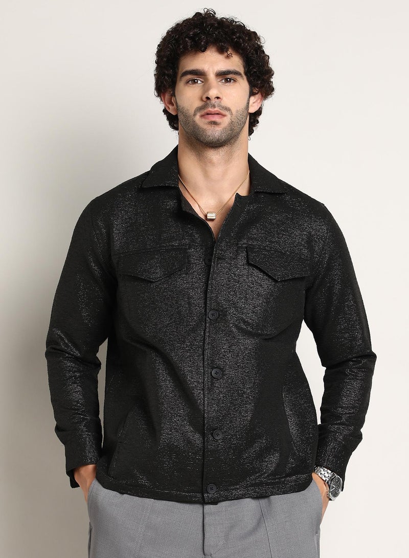 Campus Sutra Men's Onyx Black Metallic Utility Shacket  - Image 2