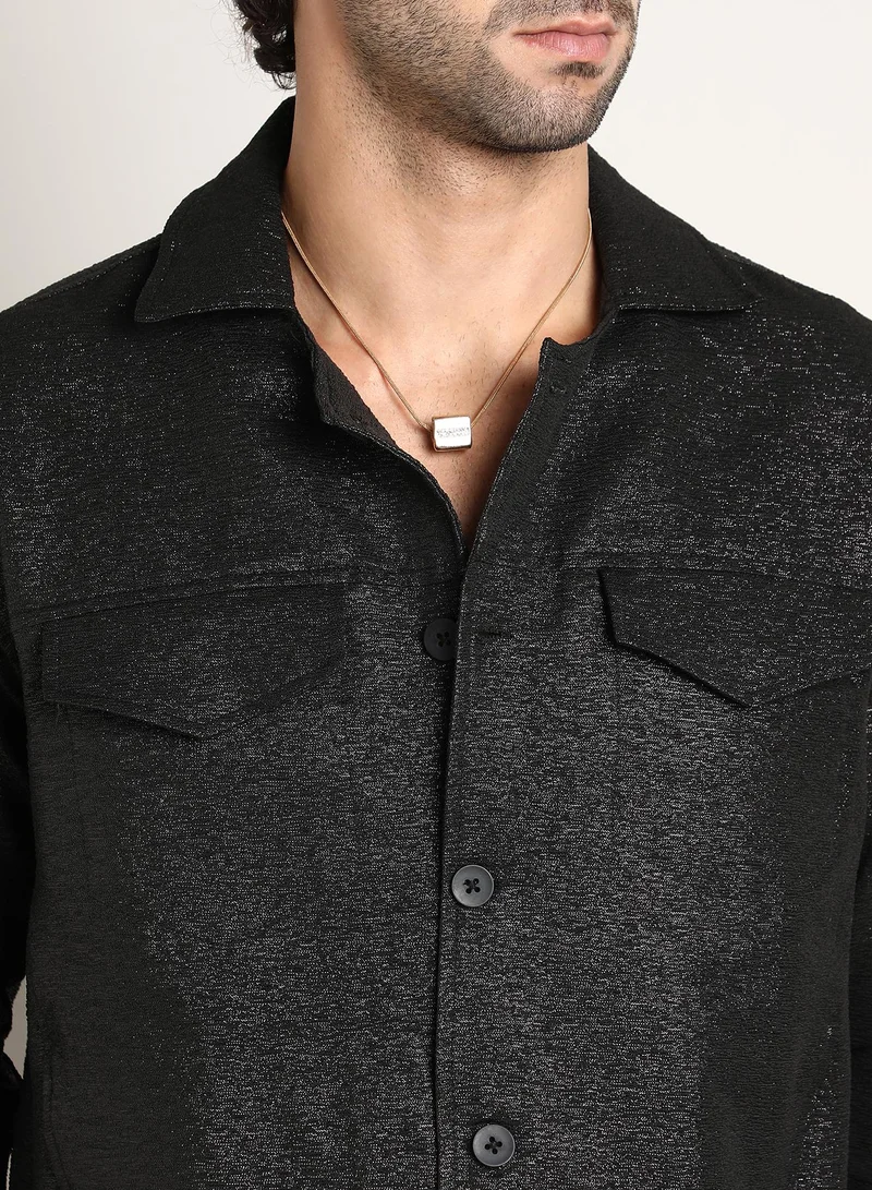 Campus Sutra Men's Onyx Black Metallic Utility Shacket