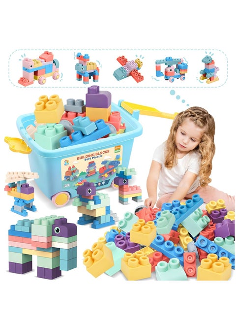 100PCS Baby Soft Blocks Set with Storage Bucket, Educational Building Blocks Toys, Toddler Sensory Sorting Stacking Toys, Rubber Soft Blocks, STEM Gifts for Preschool to Improve Creativity