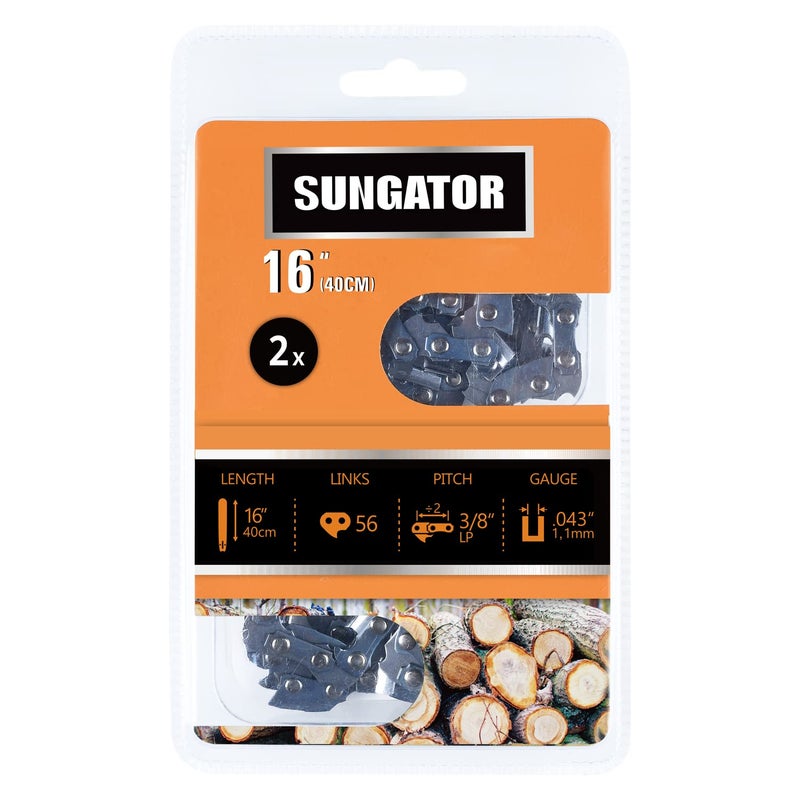 SUNGATOR 2-Pack 16 Inch Chainsaw Chain SG-R56, 3/8" LP Pitch - .043" Gauge - 56 Drive Links, Compatible with Poulan, Greenworks, Dewalt and More