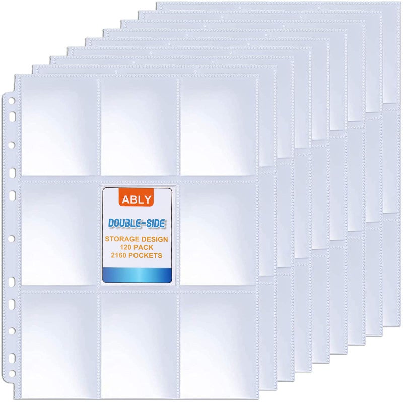 ABLY 120 Pages Double-Sided Trading Card Pages Sleeves 9-Pocket Clear Plastic Game Card Protectors for Skylanders, Pokemon, Baseball Cards and More, Fit 3 Ring Binder - Image 1