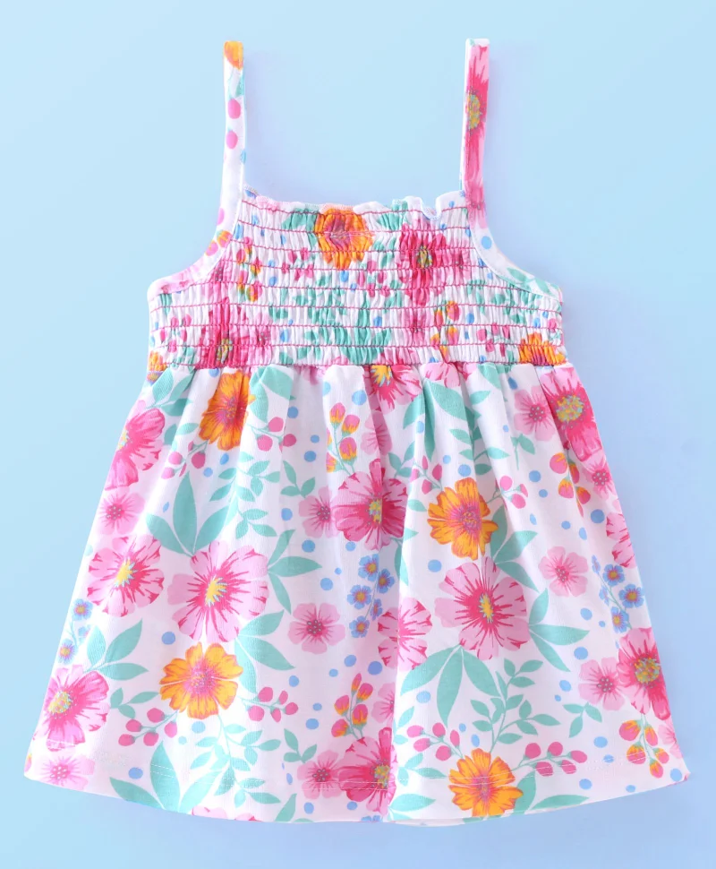 babyhug Babyhug Cotton Knit Sleeveless Top with Smocking & Floral Print - White