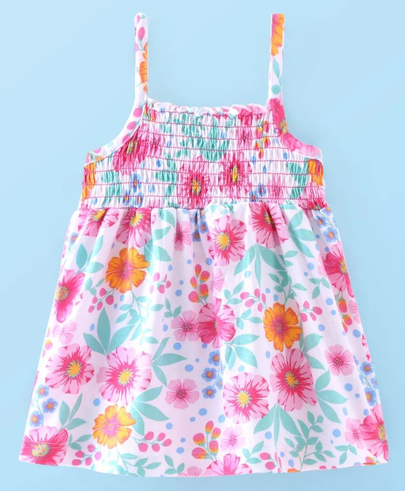 babyhug Babyhug Cotton Knit Sleeveless Top with Smocking & Floral Print - White