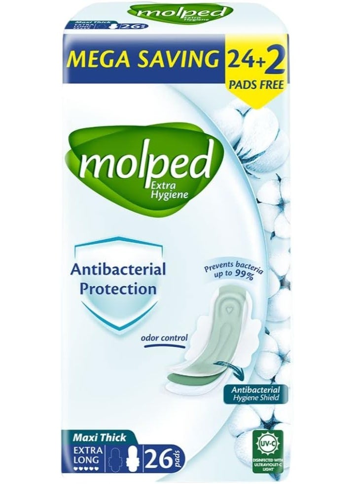 Molped Antibacterial Protection Extra Long Pads - Maxi Thick, 26 Pieces