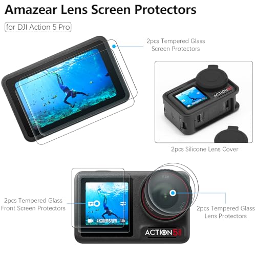 AMAZEAR Lens Screen Protector for DJI Osmo Action 5 Pro Accessories (2Sets-8Pack), Action5 Pro Tempered Glass Screen Protector with Silicone Lens Cap, 9H, HD, Scratch Resistant, Bubble-Free - Image 2