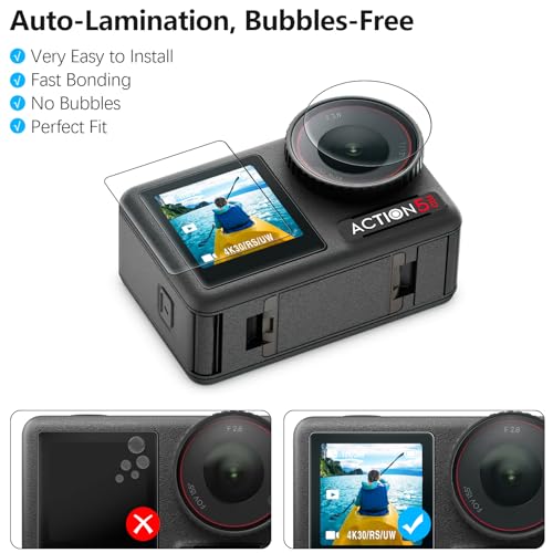 AMAZEAR Lens Screen Protector for DJI Osmo Action 5 Pro Accessories (2Sets-8Pack), Action5 Pro Tempered Glass Screen Protector with Silicone Lens Cap, 9H, HD, Scratch Resistant, Bubble-Free - Image 3