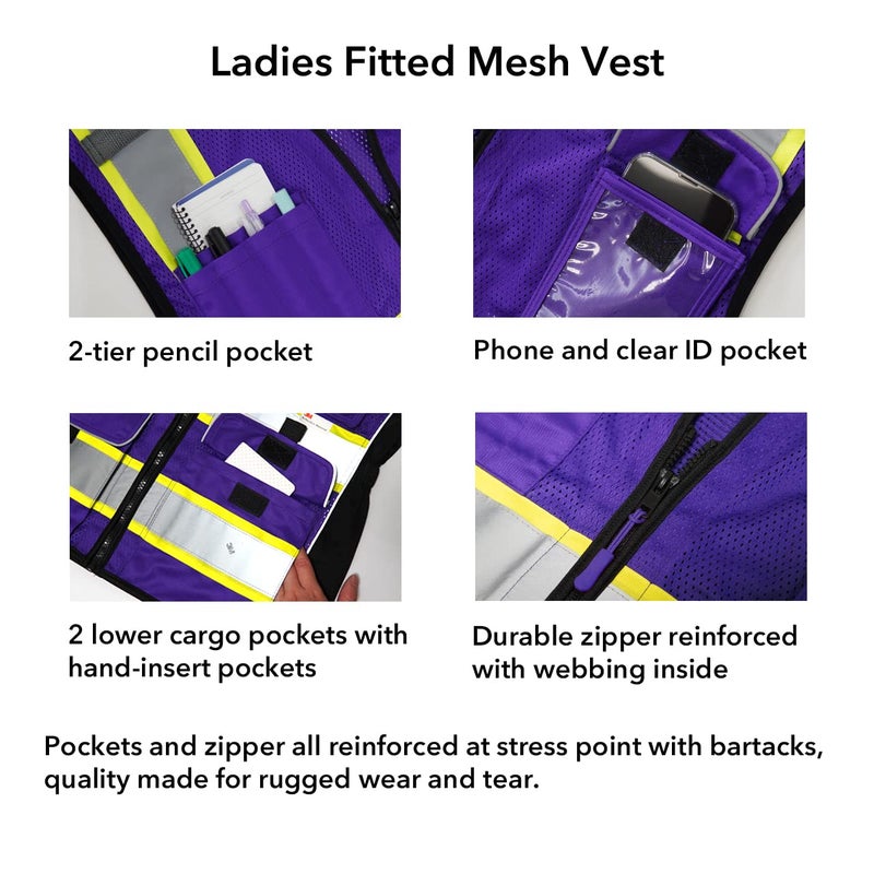 Dib Safety Vest for Women with Pockets, Mesh Reflective Vest High Visibility, ANSI Class 2 Made with 3M Reflective Tape, Purple M - Image 4
