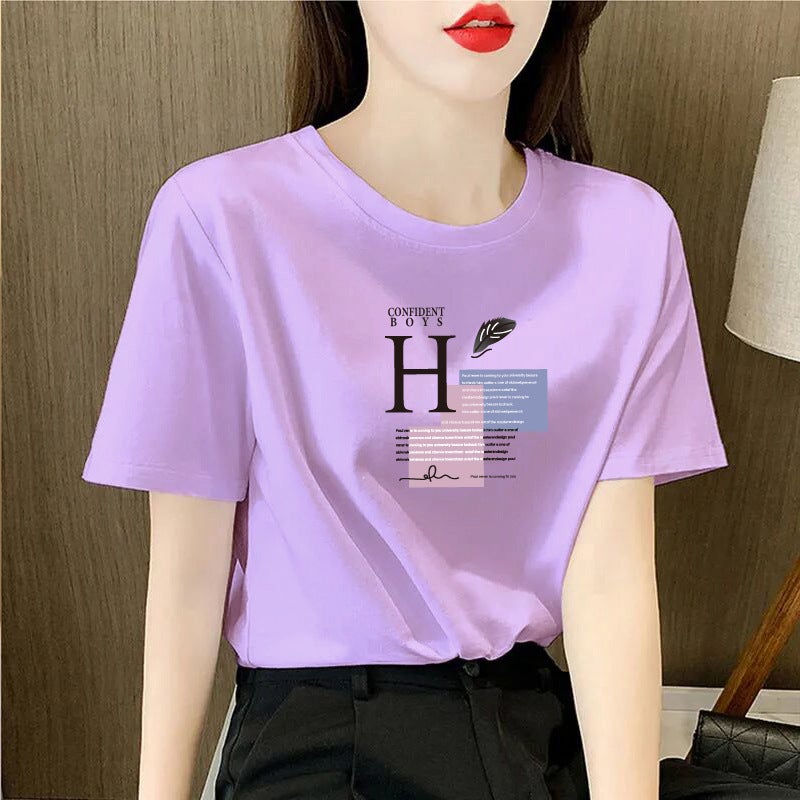 Half-Sleeve 95% Cotton Short-Sleeved Round Neck T-Shirt Summer Loose Korean-Style Slimming ins Printed Stylish All-Match Casual - Image 1