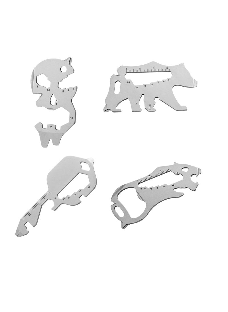 SYOSI Multitool keychain, key shaped pocket tools 4 PCS stainless steel universal gadget functions Bottle Opener Wrench Screw Driver Metric Ruler Cord Cutter Backpack Carabiner Tool (Silver, Pocket Size)