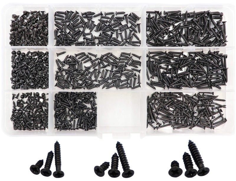LBY 900pcs M1.7 M2 M2.3 x 5mm / 8mm/ 12mm Flat Head Self-Tapping Sheetmetal Screw Assortment Kit, Mini Wood Screws, 9 Sizes, Carbon Steel (Black) - Image 5
