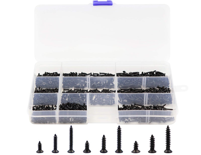 LBY 900pcs M1.7 M2 M2.3 x 5mm / 8mm/ 12mm Flat Head Self-Tapping Sheetmetal Screw Assortment Kit, Mini Wood Screws, 9 Sizes, Carbon Steel (Black) - Image 1