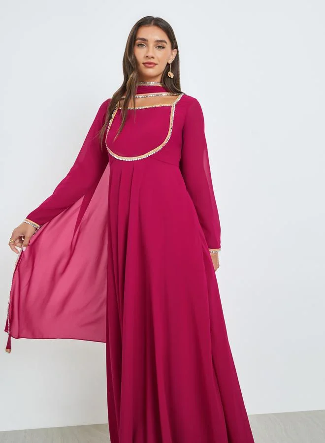 Styli Pink Square Neck Mirror-Work Maxi Dress with Scarf