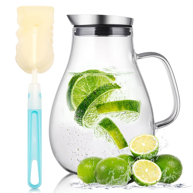 susteas SUSTEAS 2 Liter Glass Pitcher, Water Pitcher with Removable Lid And Wide Handle, Easy Clean Juice Jug for Fridge, Beverage Carafe for Cold/Hot Water, Iced Tea, 1 Long-Handled Brush Included  - Image 1
