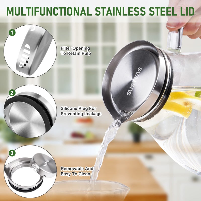 susteas SUSTEAS 2 Liter Glass Pitcher, Water Pitcher with Removable Lid And Wide Handle, Easy Clean Juice Jug for Fridge, Beverage Carafe for Cold/Hot Water, Iced Tea, 1 Long-Handled Brush Included  - Image 4
