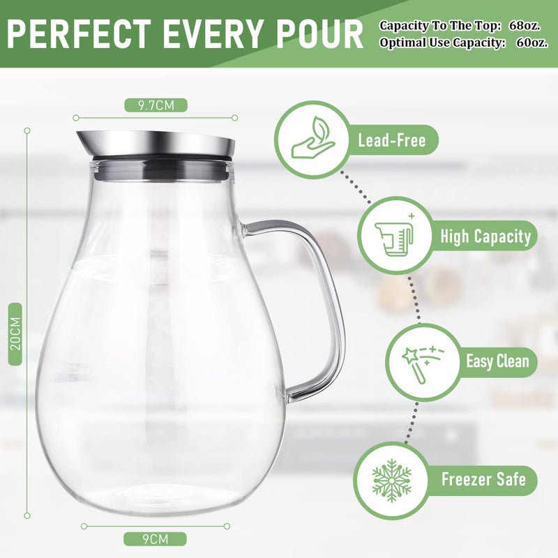 susteas SUSTEAS 2 Liter Glass Pitcher, Water Pitcher with Removable Lid And Wide Handle, Easy Clean Juice Jug for Fridge, Beverage Carafe for Cold/Hot Water, Iced Tea, 1 Long-Handled Brush Included  - Image 5