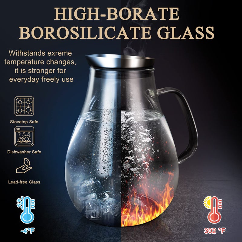 susteas SUSTEAS 2 Liter Glass Pitcher, Water Pitcher with Removable Lid And Wide Handle, Easy Clean Juice Jug for Fridge, Beverage Carafe for Cold/Hot Water, Iced Tea, 1 Long-Handled Brush Included  - Image 2